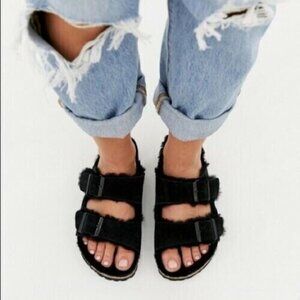 Birkenstock Arizona Black Shearling Fur Sandals Size 38 US 7 Narrow NEW